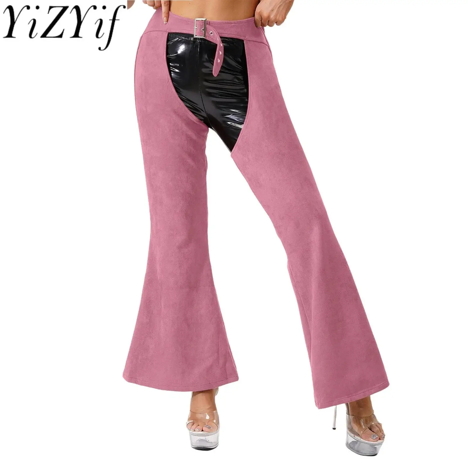 

Women Fashion Vintage Western Cowgirl Role Play Chaps Pants Crotch Hollow Out Briefs Cover Wide Leg Pants for Halloween Carnival