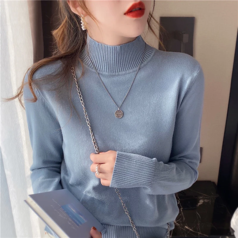 

Elegant Solid Soft Sweater for Women's Autumn Winter Half High Neck Slim Fit Knitted Primershirt New Gentle Women's Knitwear