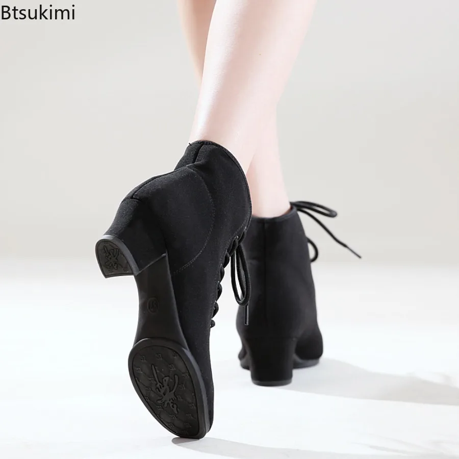 New Women's Latin Dance Boots Low Heel Close Toe Ballroom Tango Performance Practice Teaching Dancing Shoes Women Black Beginner