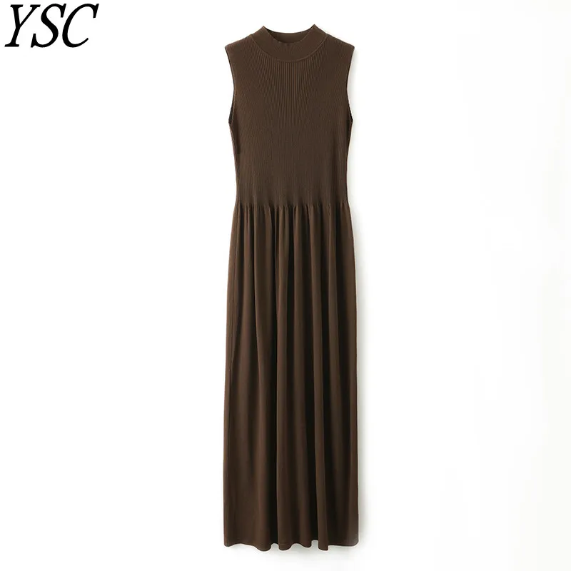 YSC 2023 Women Knitted Ice Silk Tank Top Long Dress Half height collar Solid color Sleeveless pleasantly Slim fit Dress