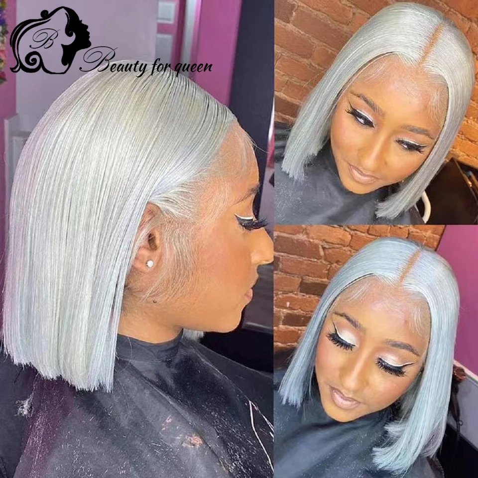 

Высококачественные прозрачные кружевные фронтальные парики 13x4 Серый прямой короткий боб Бразильский цветной парик из человеческих волос для женщин носят и прогулок