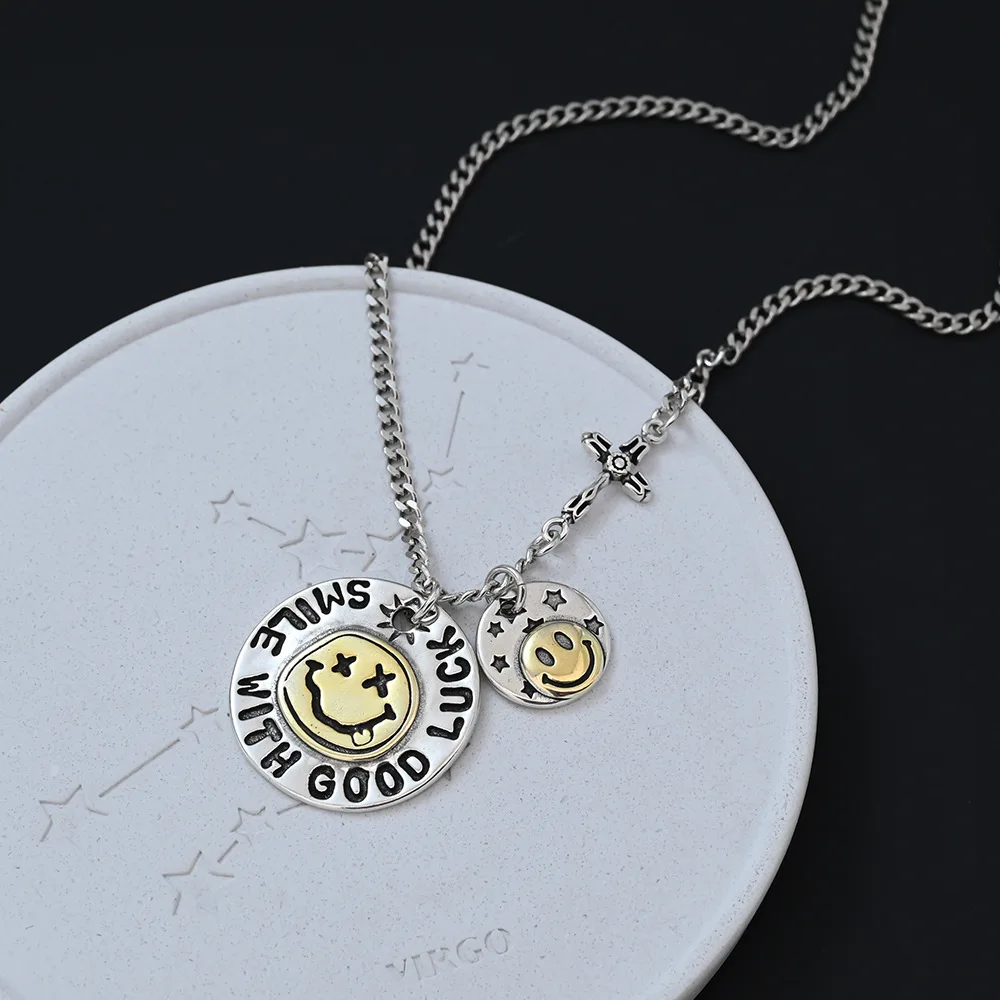Punk Graffiti Happy Face Necklace for Women Retro Cool Hip Hop Pendant Sweater Chain Fashion Versatile Statement Necklaces Jewel