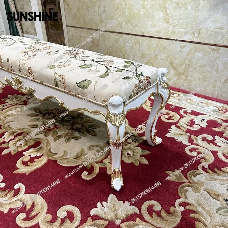 

French fabric embroidered bedside stool European solid wood bedroomX