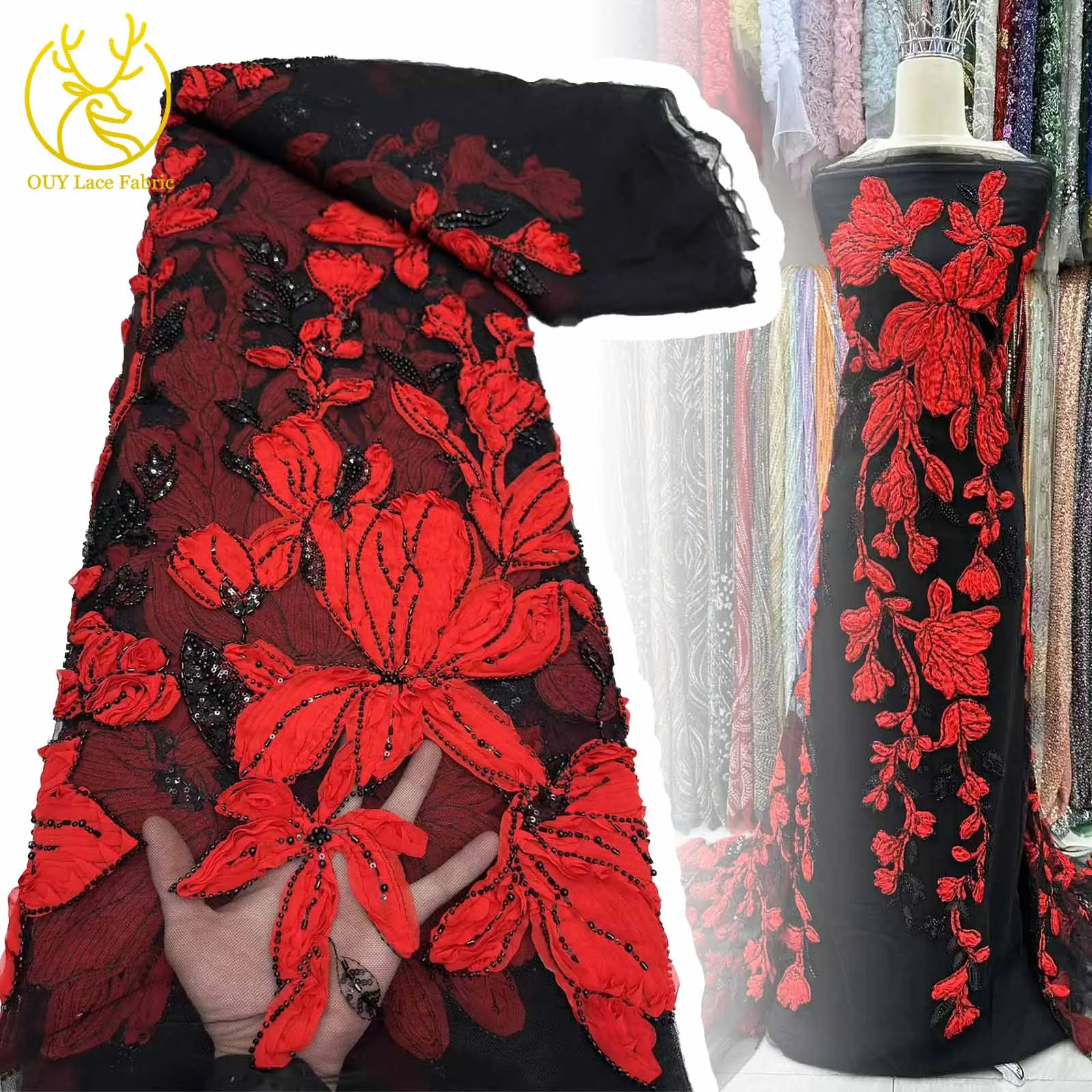 

Luxury French 3D Embroidery Big Red Flower Embroidery Lace Fabric African Beaded Sequins Tulle Lace Fabric for Wedding Dresses