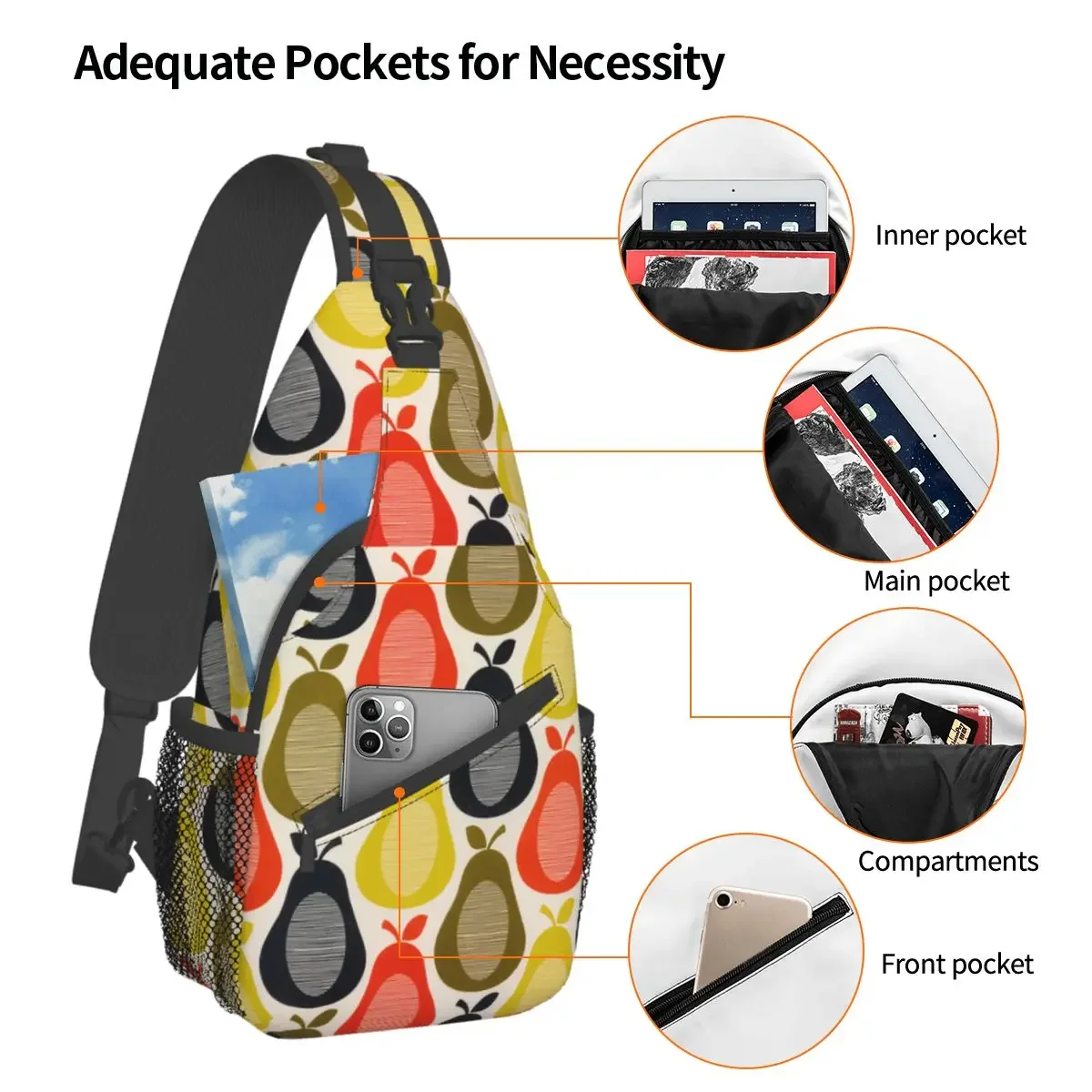 Pears Orla Kiely Crossbody Sling Bags Small Chest Bag Colorful Designer Shoulder Backpack Daypack for Hiking Travel Camping Bag