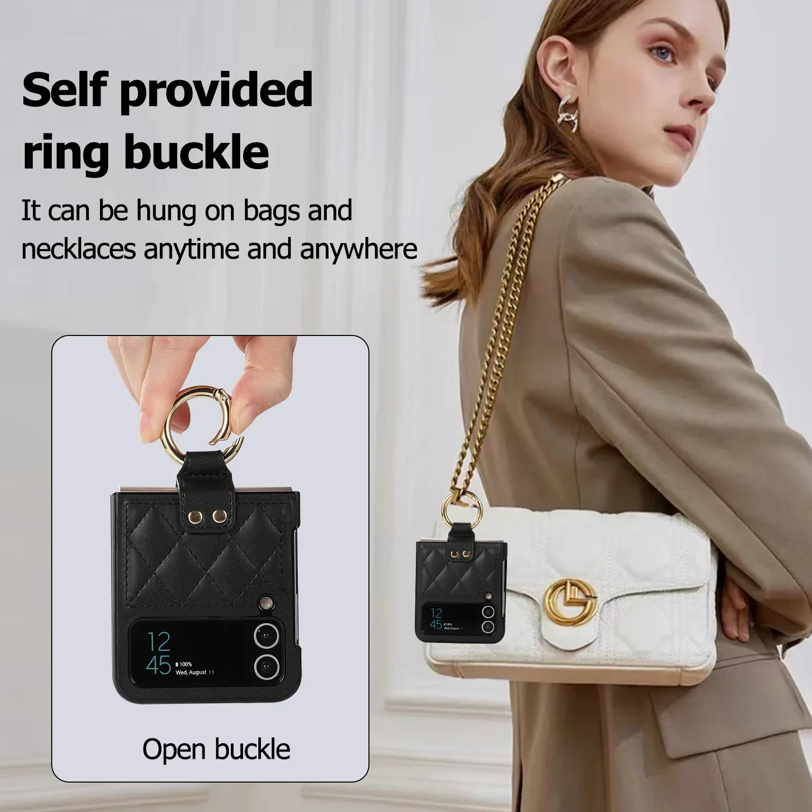 Galaxy Z Flip 4 3 5G Ringhalter Handyhülle für Samsung Z Flip4 Flip3 Ultradünne Leder-Klappschutzhülle mit Halterung