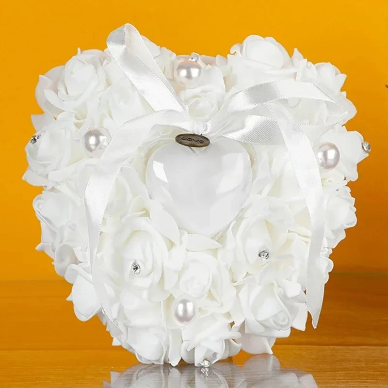 1pc Valentine's Day Ring Box  Heart Shape Wedding Ring Pillow Pearl Rhinestone Wedding Ceremony Ring Holder for Ceremonies image 2