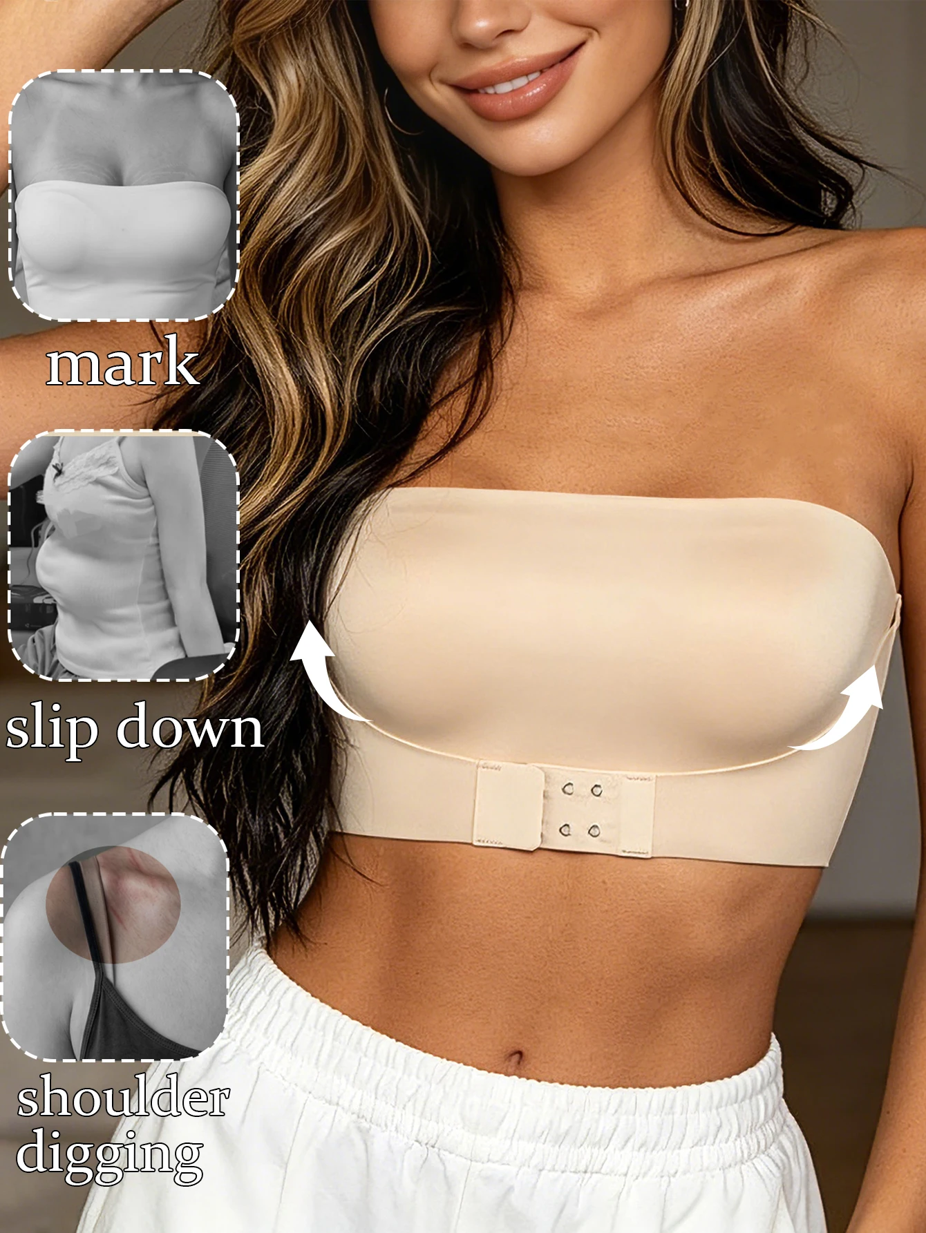 Trägerloser BH für Damen, nahtloser BH mit Schnalle vorne, kabelloser, rutschfester BH, sexy Crop-Top-Unterwäsche, unsichtbarer Halbschalen-BH, einteilig – Detail 14