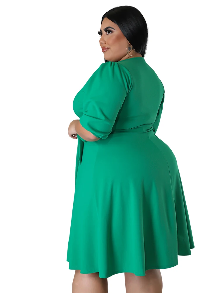 Plus size v-neck com cinto cor sólida vestido feminino primavera verão a linha dividir férias sexy vestidos dropshipping atacado