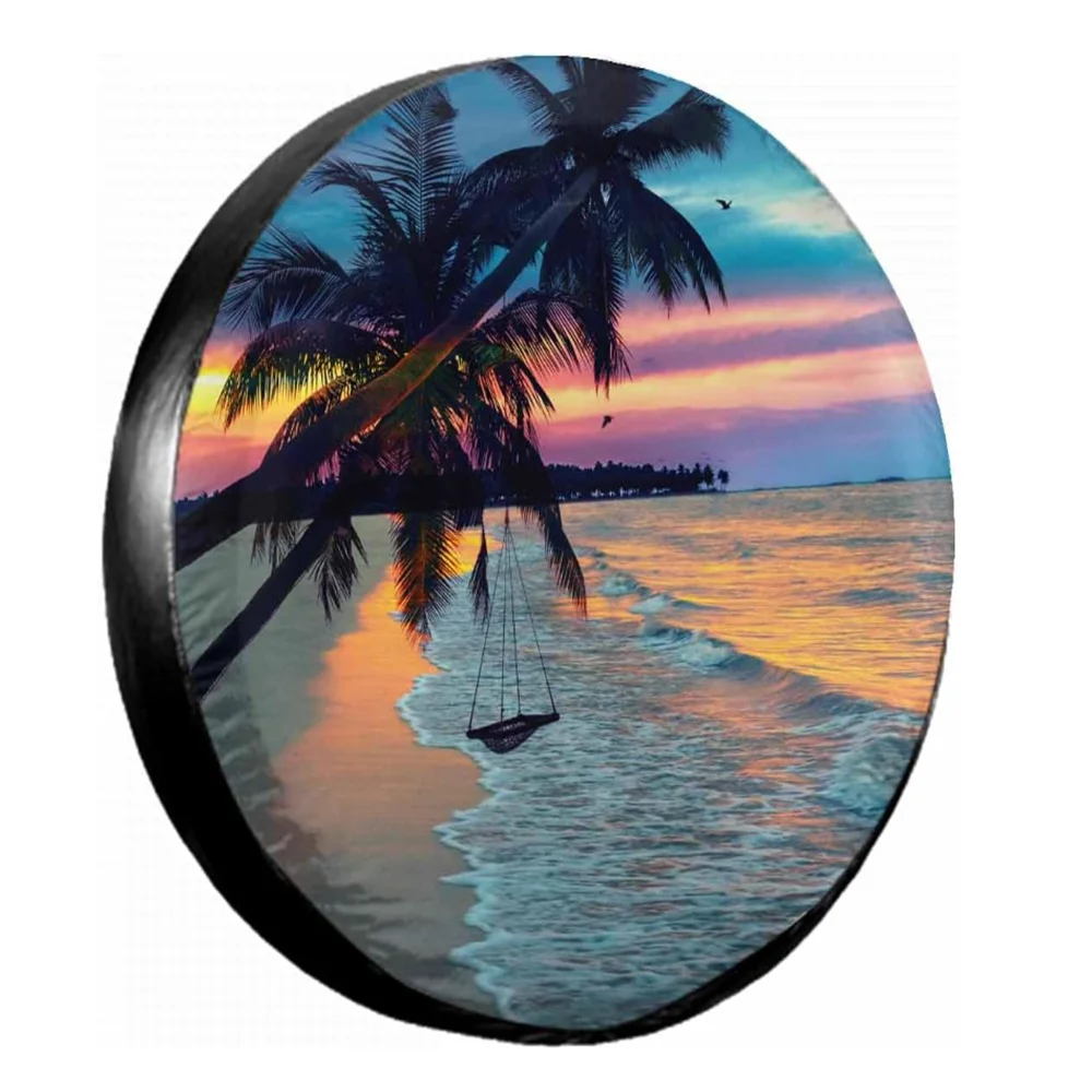 1Pcs Car PU Leather Spare Tire  Wheel Cover Coconut Trees Sea Beach Mountain River Sunset Sunrise Natural Scenery Protectors