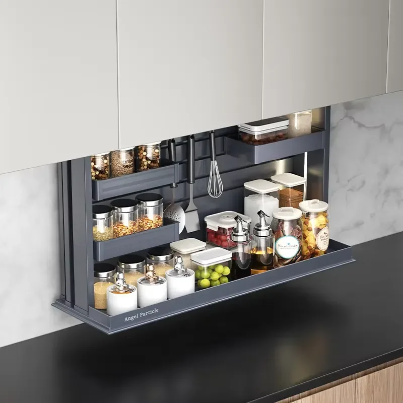 Adjustable Kitchen Cabinet Drop Down Shelf Spice Rack Organizer With Hooks Electric Lift Basket For Condiment Storage