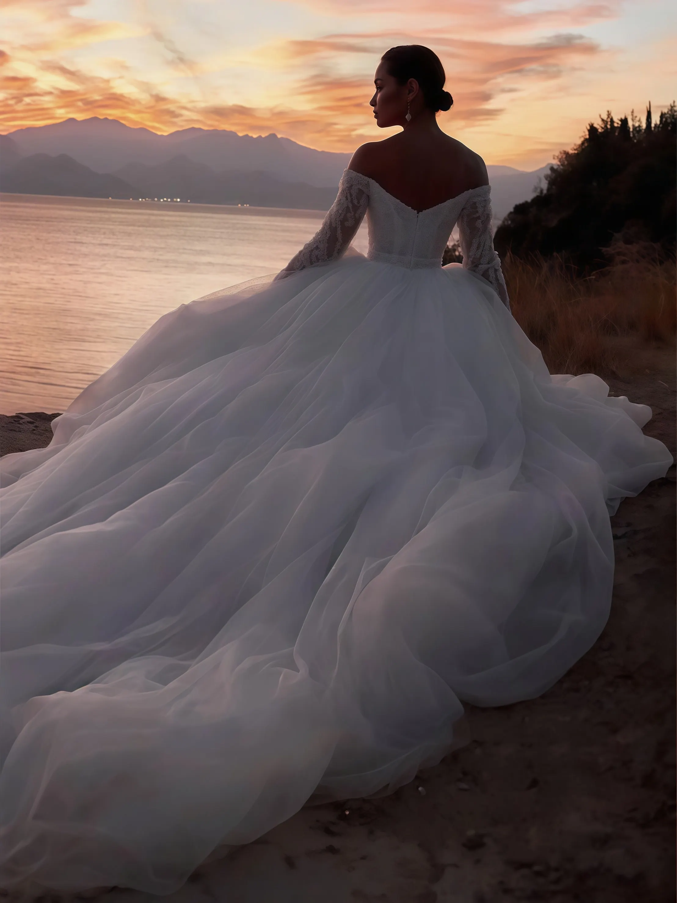 カスタマイズされたスパークリングウェディングドレスディープVネック長袖ビーズコートトレインスリットグリッターブライダルガウンローブデマリー