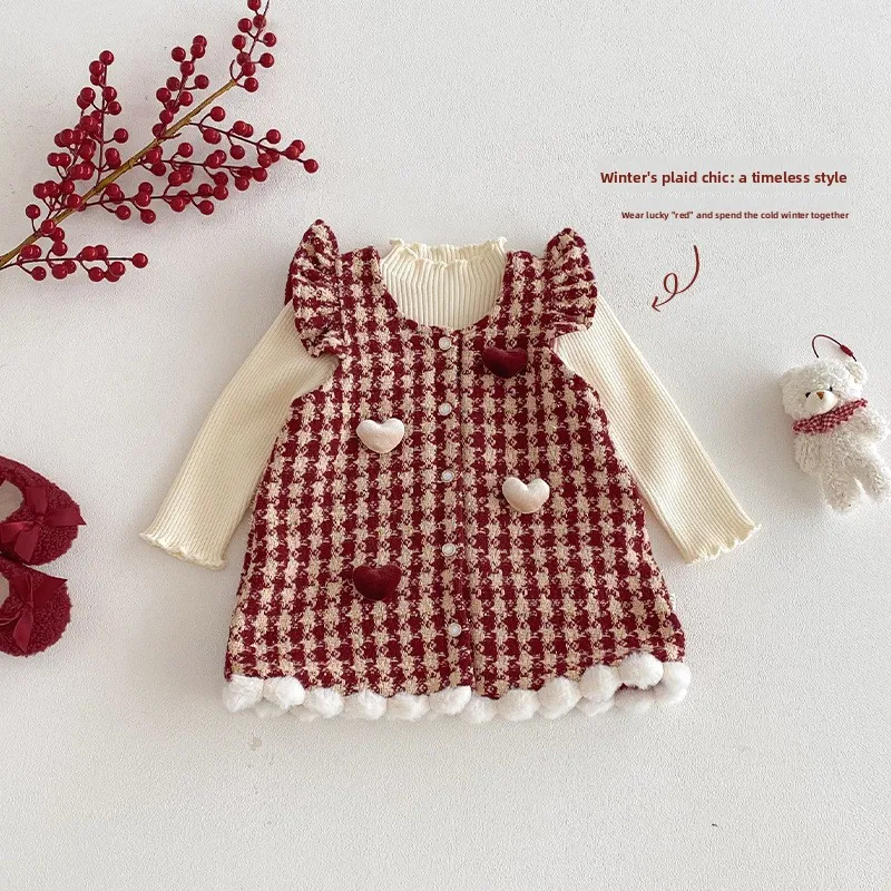 

Girls' Velvet New Year's Clothing 2025 New Winter Baby Qianniao Grid Love Dress Children's One Year Old Dress