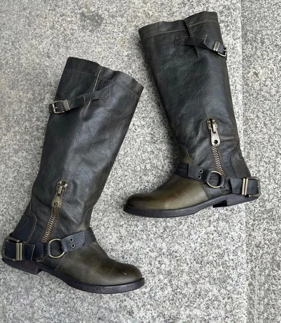 

Vintage Green Leather Flats Knee High Boots Women's Buckled Round Toe Cool knight boots Luxury Designer Causal Dress Shoes