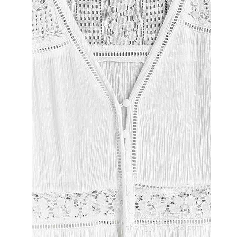 Pouvez-vous psyLady-Robe d'été en coton blanc, col en v, style Boho, dentelle, boutons insérés, mi-longue, manches 3/4, décontractée, nouvelle collection