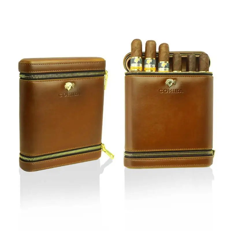 Portable Cigar Humidor with Cedar Wood Cigar Leather Case Holds Up To 6 Cigars Cigar Accessories