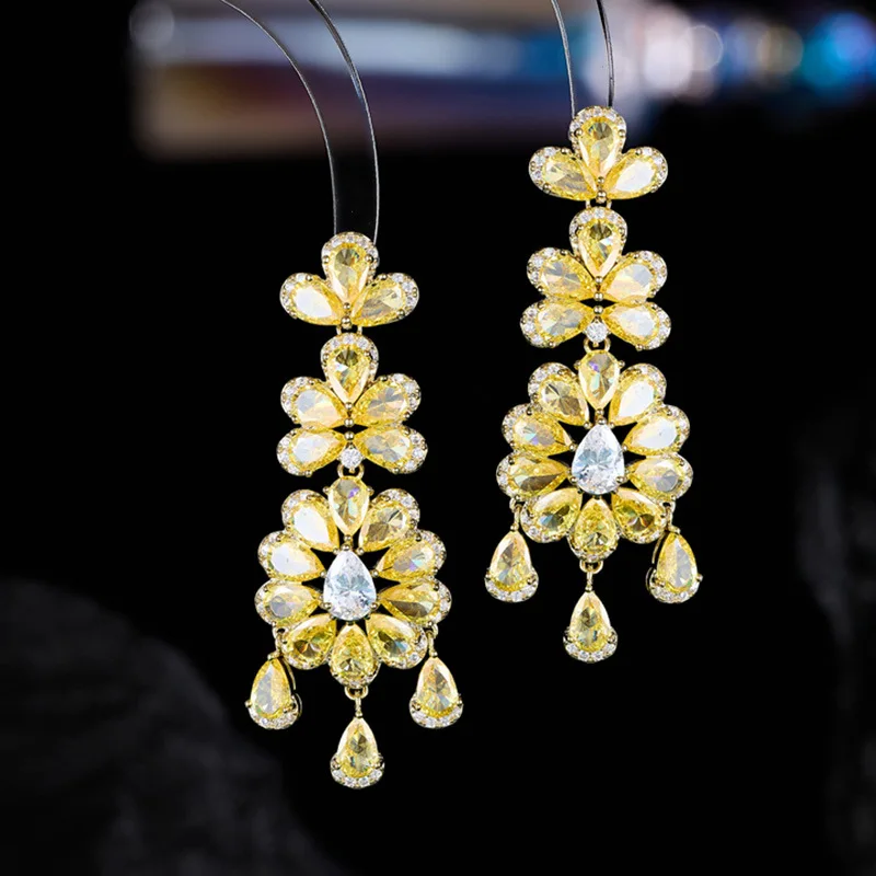 yellow zirconia flower earrings for women sweet luxury jewelry blue fushia green white flower dangling earrings dinner party