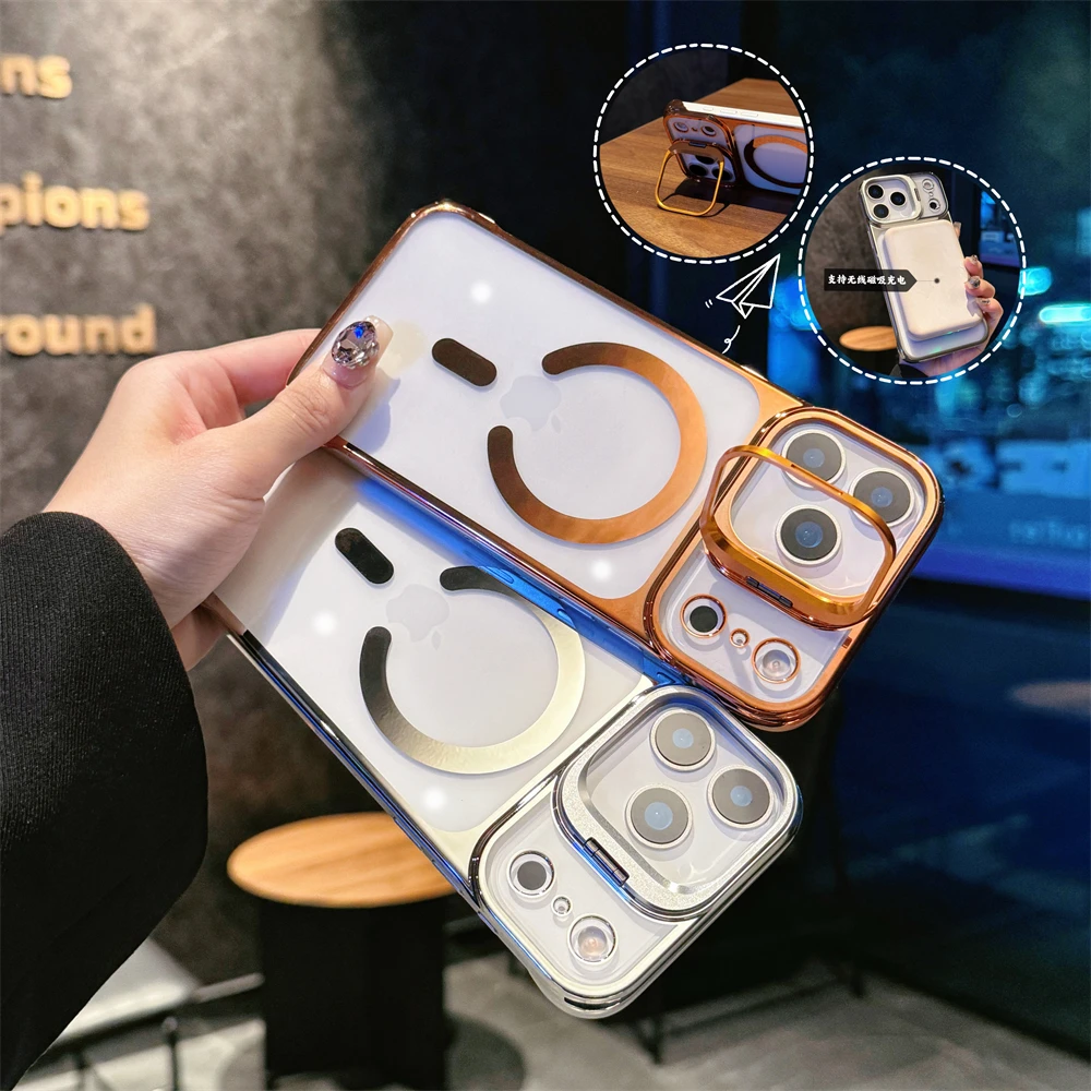 

6D Eletrical Plated Rimless Magsafe Phone Case for iPhone 17 16 15 14 Plus Pro Max With Camera Ring Kick Stand Transparent Cover