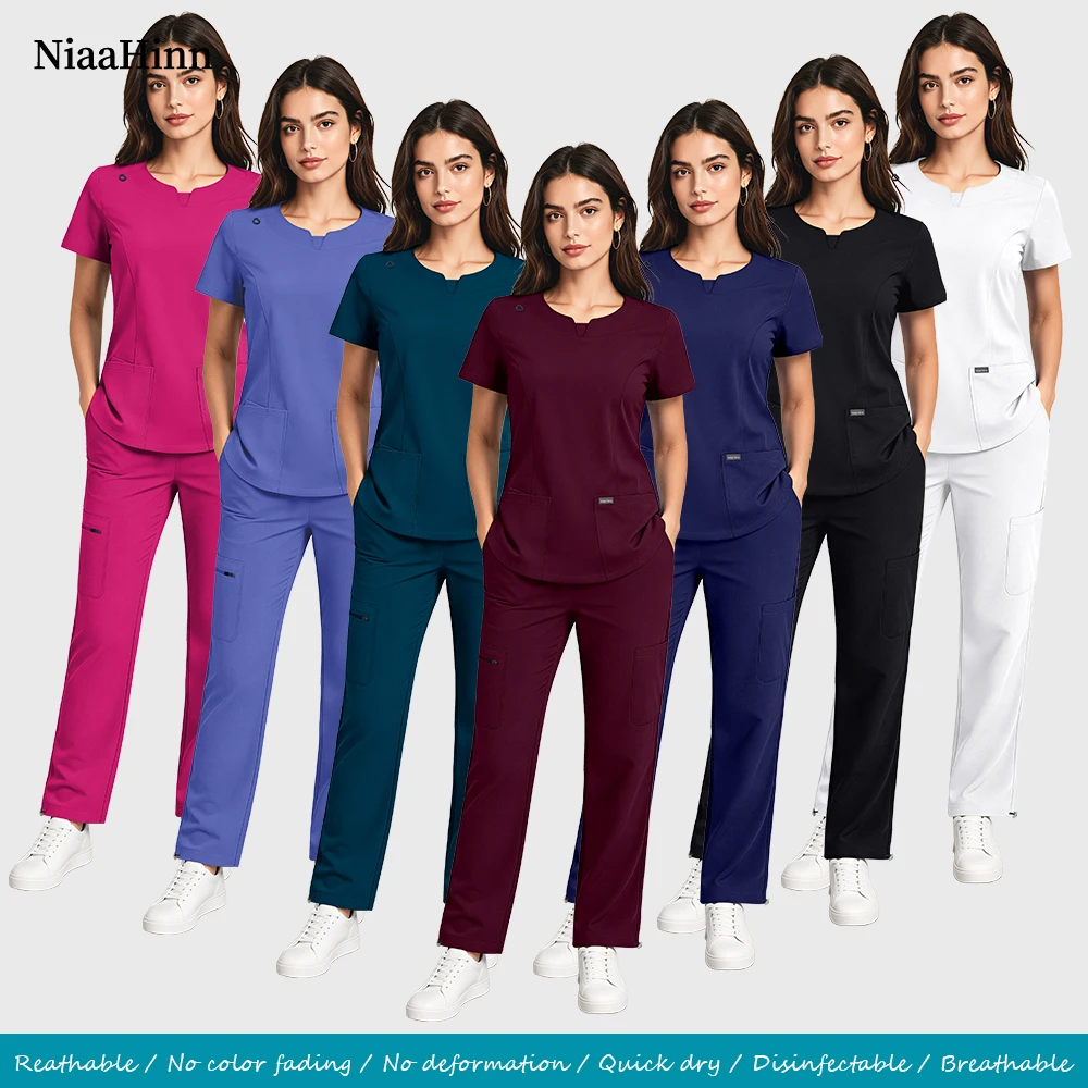 Niaahinn Notch Neck Short Sleeve Medical Uniforms Scrubs Set Multi-Pocket Adjustable Drawstring Work Pants Nurse Uniforms Women