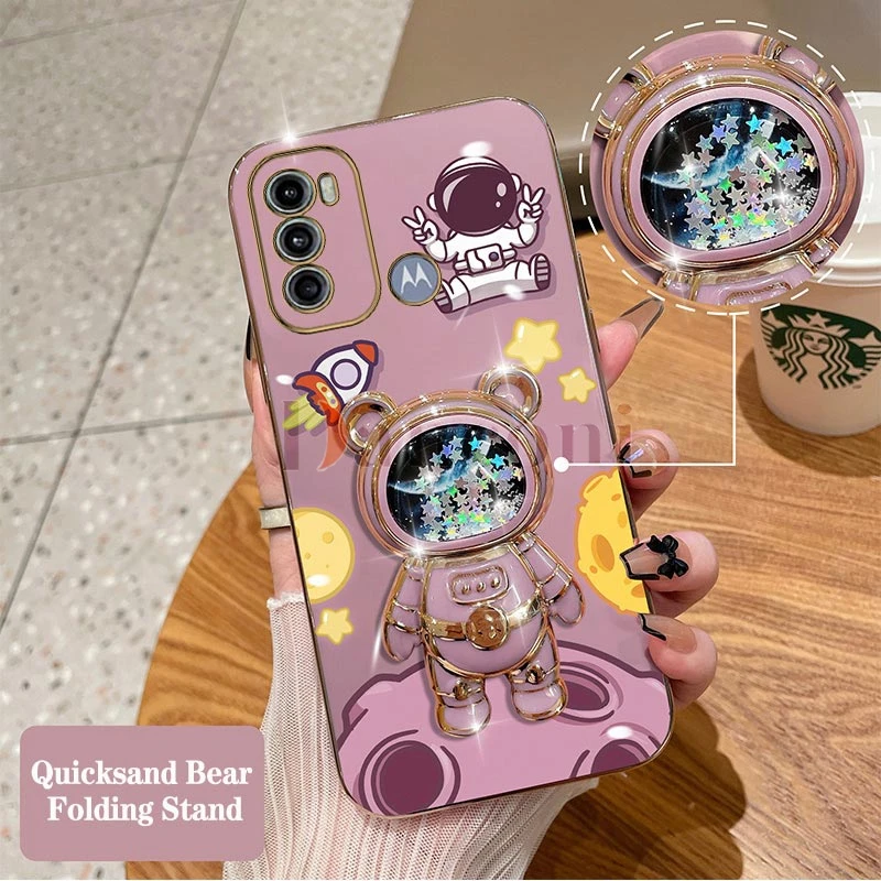 Cheering astronauts Plating Phone Holder Case For Motorola Moto G60 G40F G30 G53 G52 G50 G42 G20 G60s G52 G22 G8 G9 Play Cover