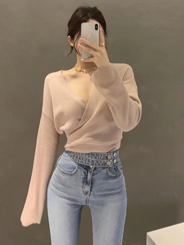 Sexy V-neck T shirts Women 2024 Autumn Winter Knitted Long Sleeve T-Shirt FemmeTops Korean Long Sleeve Loose Femme Tops