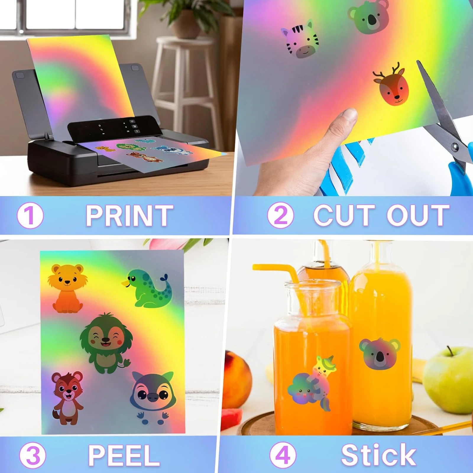 10/20 Sheets Holographic Sticker Paper for Inkjet & Laser Printer, Printable Vinyl Rainbow Sticker Paper Waterproof Self-Adhesiv
