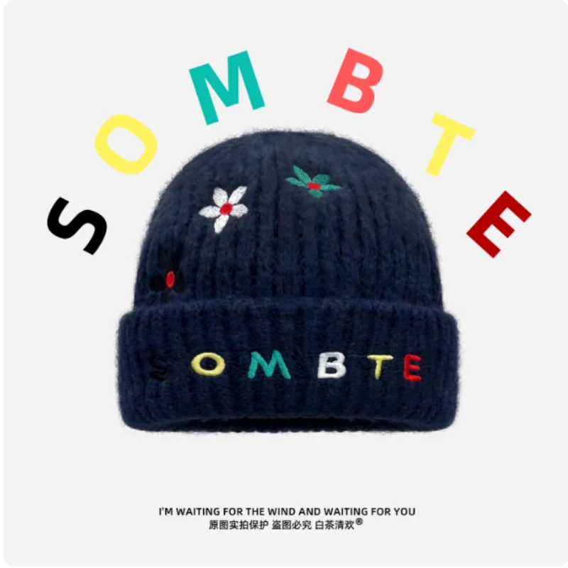 جديد المتخصصة إلكتروني زهرة التطريز البلوز محبوك قبعة للرجال والنساء الخريف والشتاء الاتجاه الشارع الدافئة الجمجمة قبعة قبعات