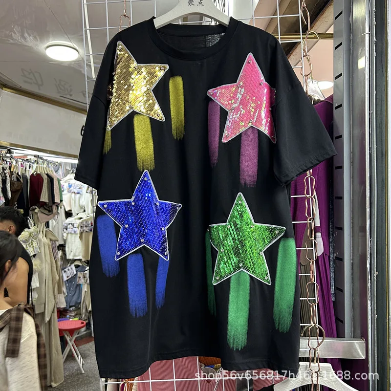 Heavy Industry Design Sense Sequin Five-Pointed Star Loose Short-Sleeved T-shirt Summer Fashion Casual Versatile Top Kawaii Tees