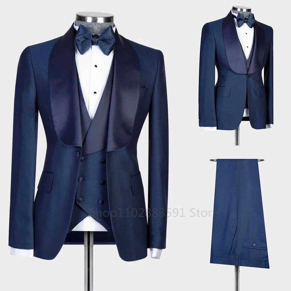 2024 New Navy Blue Mens Suits 3 Pieces Formal Business Blazer Tuxedos Shawl Lapel For Wedding Groom Man ( Jacket+Vest+Pants)