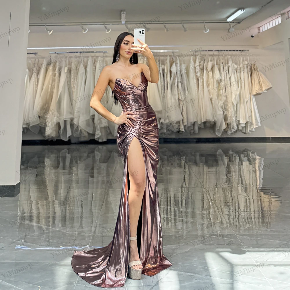 

Sparkly Sexy Prom Party Dresses V-Neck Side Split Corset Back Strapless Pleat Long Cocktail Dresses Customized Sweep Train