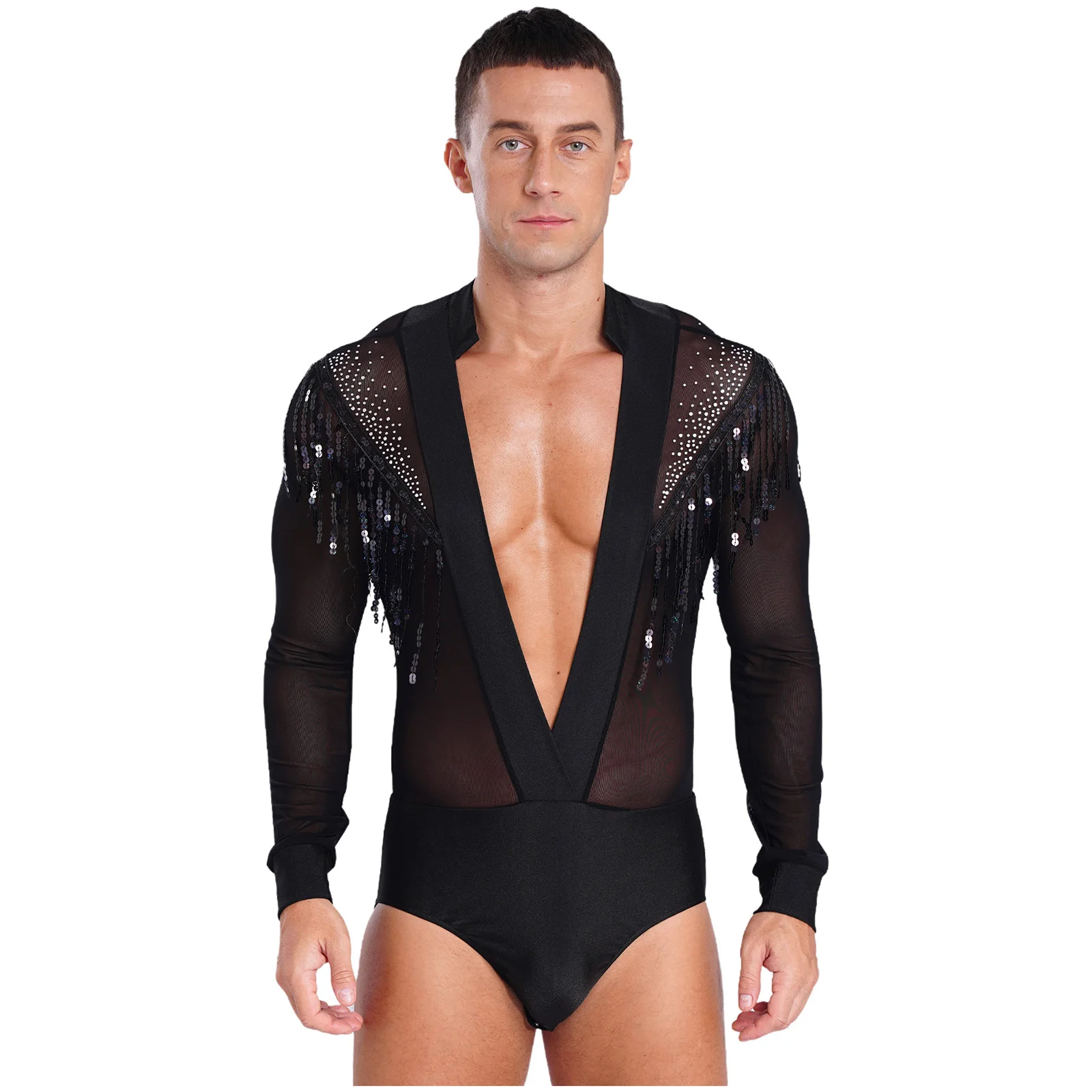 

Sexy Mens Deep V-neck Latin Dance Leotard Sheer Mesh Sequined Tassels Bodysuit for Salsa Competition Stage Performance Dancewear