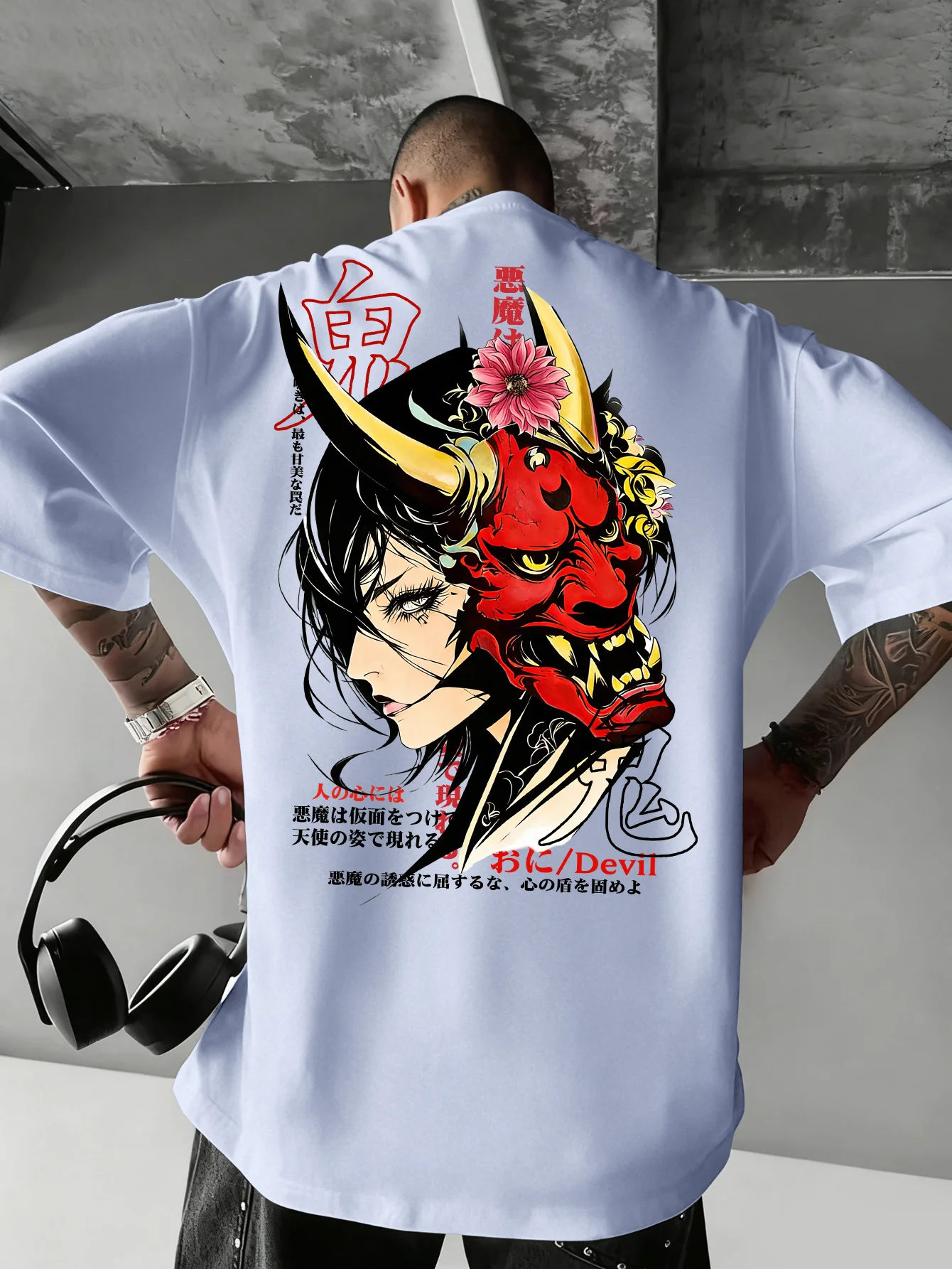 Japanese Hannya Oni Demon Mask Anime Graphic Tee for Men Breathable 100% Cotton Perfect for Summer Streetwear Trendy Edgy Style