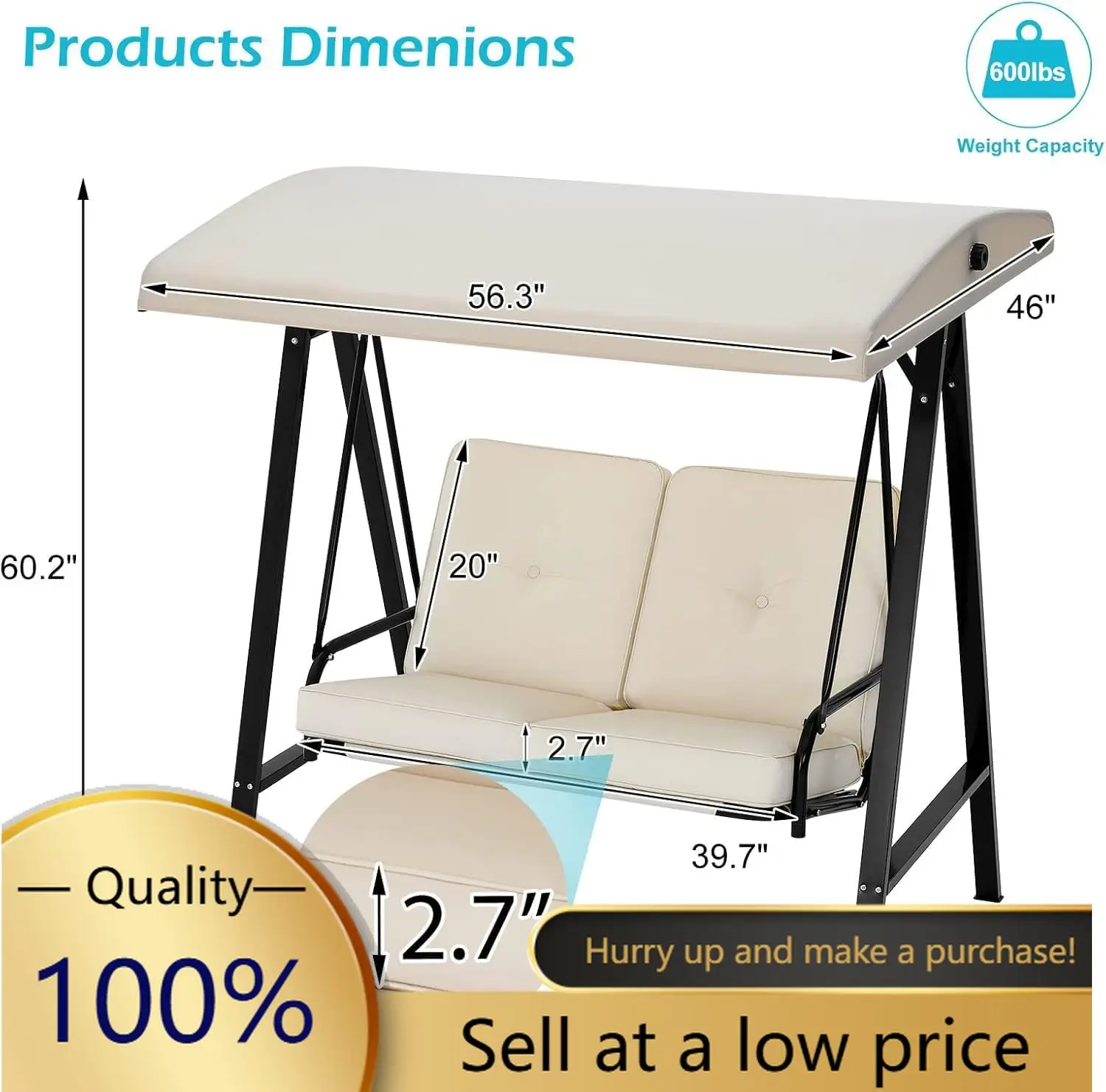 

2-Seat Outdoor Patio Swing Chair with Adjustable Canopy, Porch Swings Chairs for Adult, Outside Swing Bench with Removable Cushi