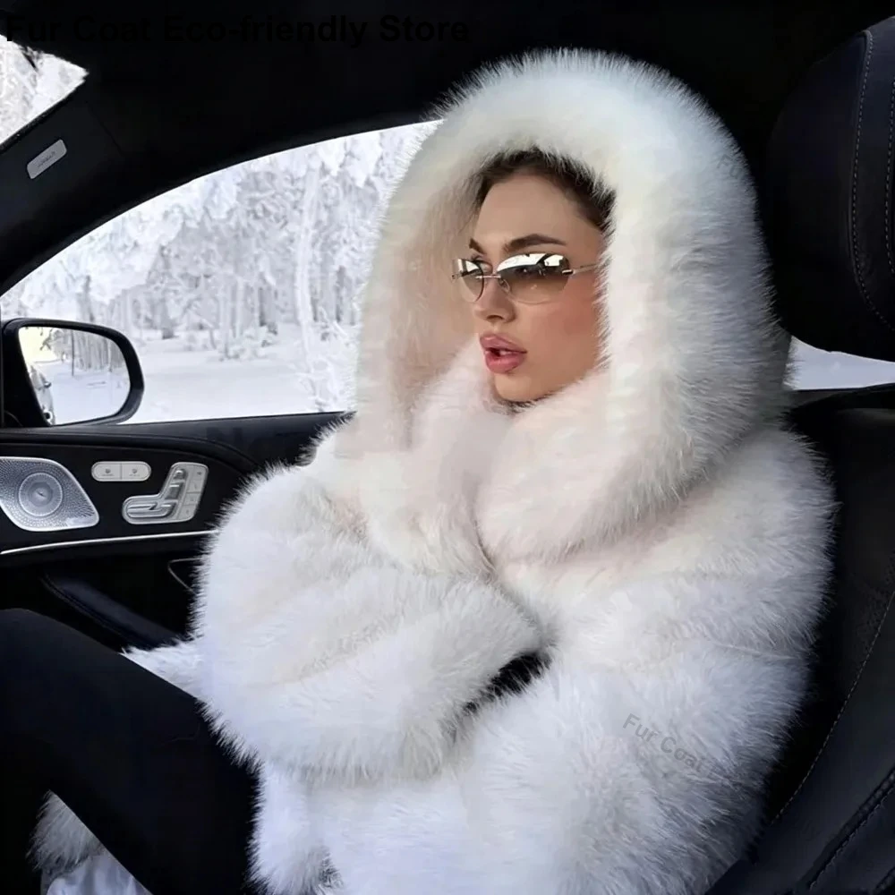 Women's Faux Fur Jacket White Mountain Fashion Hooded Cropped Faux Fur Coat Women Fluffy Women's Plush Coat Girls Hot Overcoat