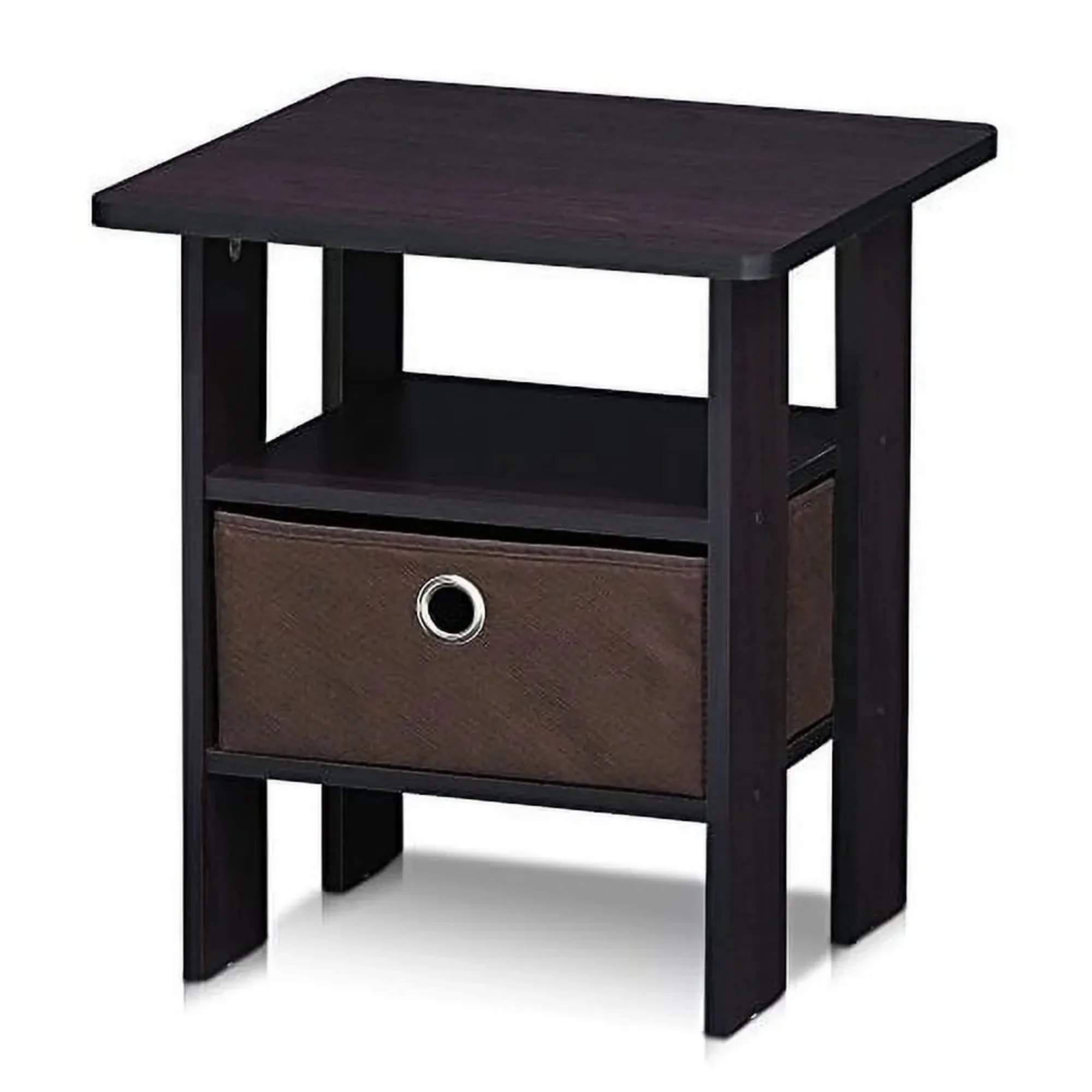 Dark walnut side table with drawers, a compact side table with storage boxes and shelves, suitable for small spaces
