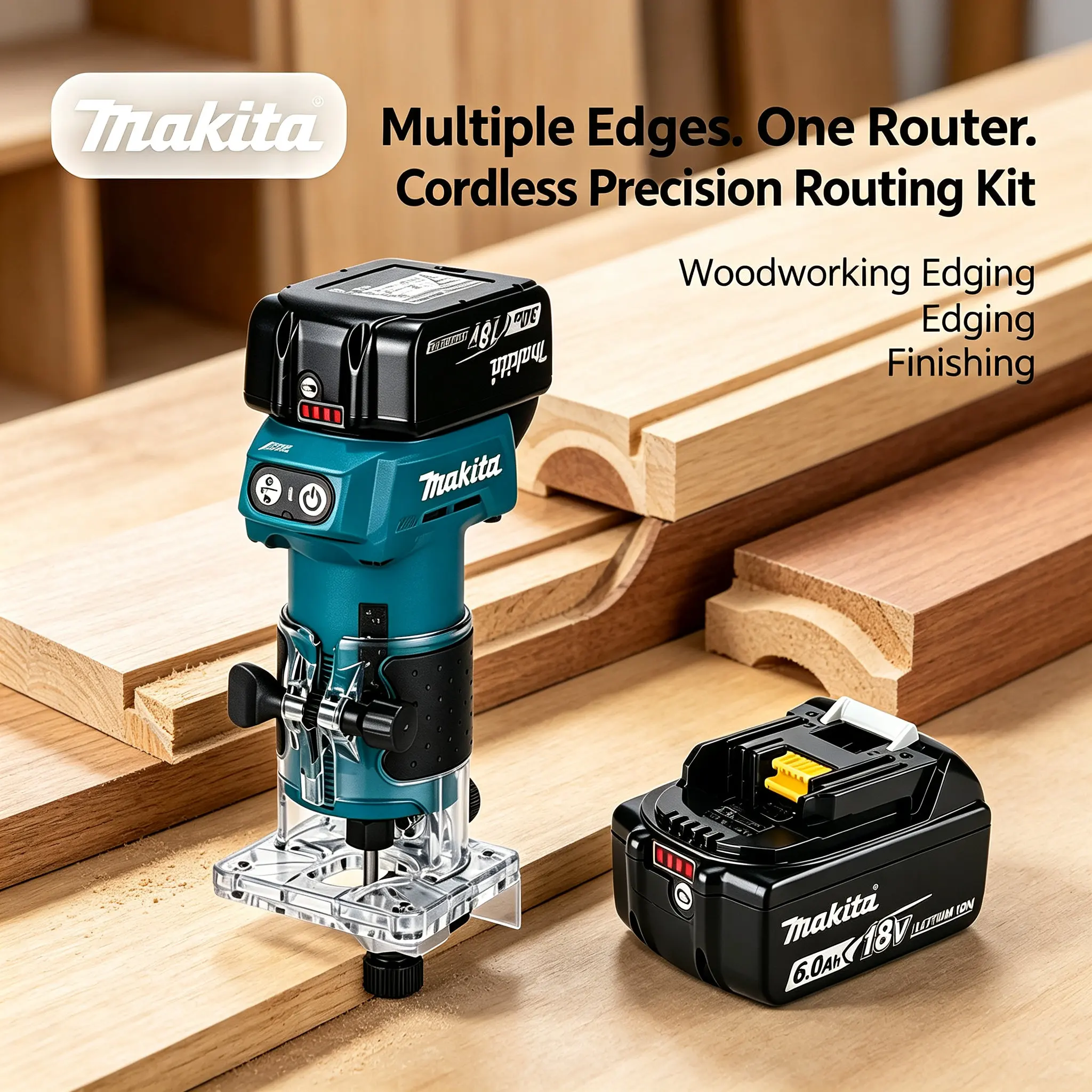 Langlebiger bürstenloser Makita DRT52 Akku-Kompaktfräser DRT52Z, 18V LXT-Plattform Handfräser für präzises Multi-Tasking, Kantenbearbeitung und stabile Tiefenfräsarbeiten.