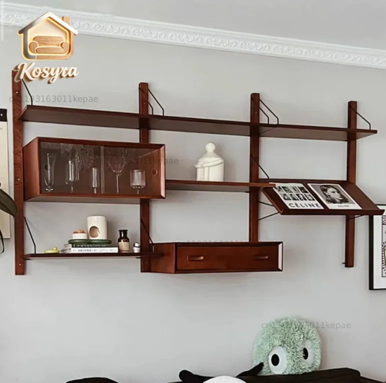 Study Tea Room Bookshelf Storage Rack Solid Wood Shelving Unit Living Room Wall Decorative Display Rack Retro Hanging Rack