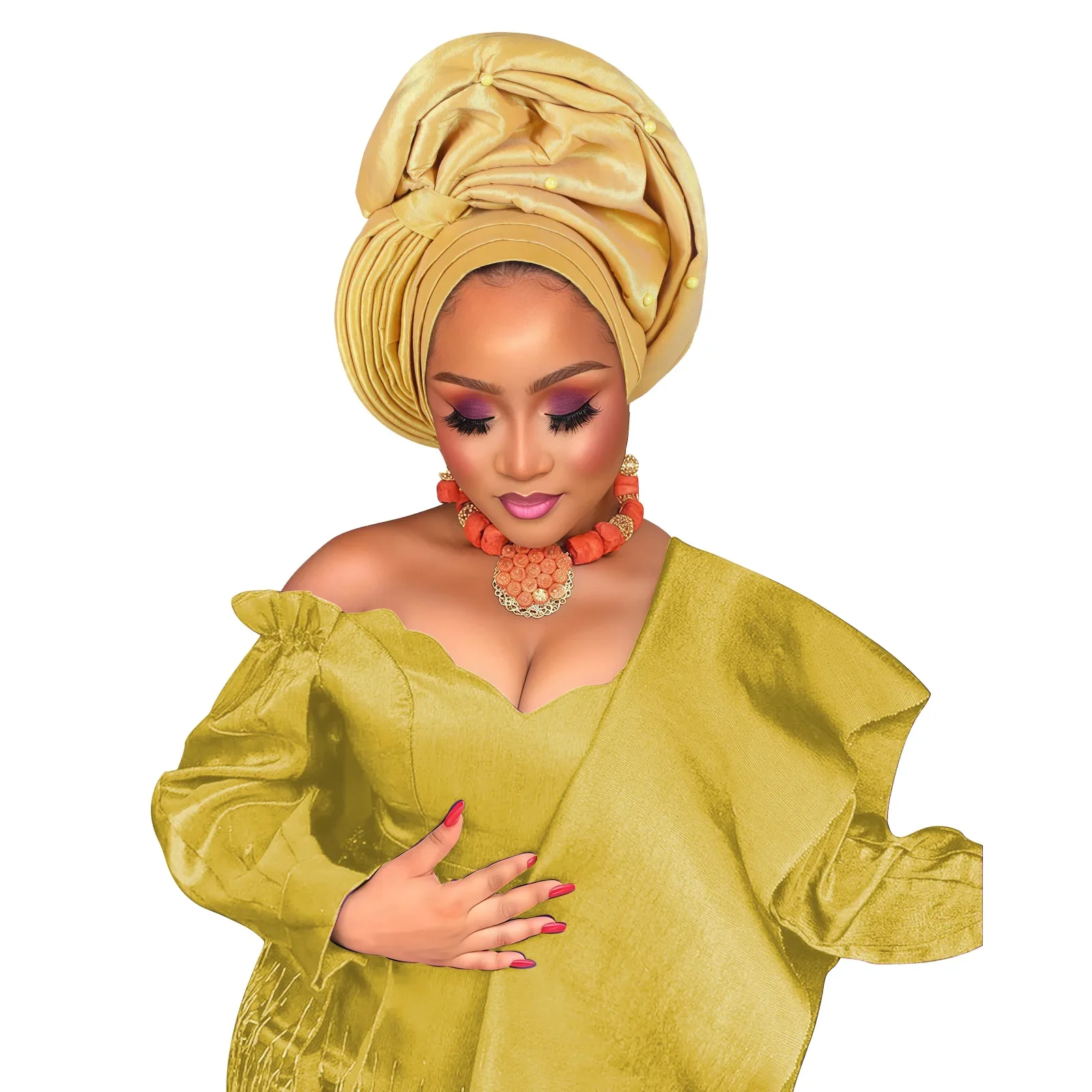 

Блестящая африканская женская тюрбан-шапка, головной убор для женщин, автогеле, нигерийский шелковый фан-геле, головные платки для свадебных вечеринок, головные уборы, тюрбан