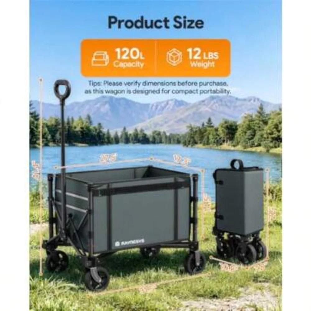 Collapsible Wagon Cart with Wheels, 220 lbs Weight Capacity, 120L Foldable Utility Wagon for Groceries, Garden, Beach, Camping, Outdoor Picnic, Heavy Duty Portable Rolling Crate Cart with Swivel Front Wheels, Adjustable Handle, Compact Folding Design,