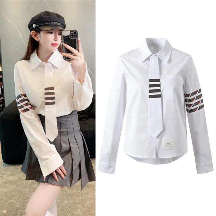 

Ele White Женский irt с галстуком в стиле преппи Sle в полоску, модный антивозрастной топ, элитные европейские товары