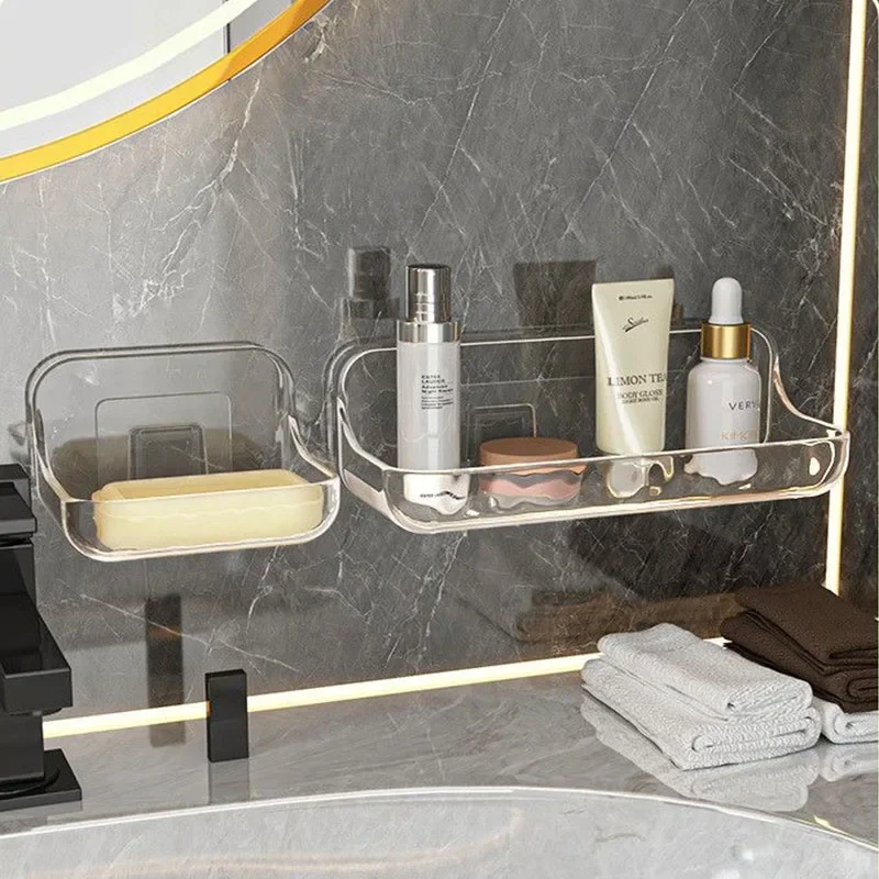 Transparent Wall Mount Bathroom Shelf, Self Adhesive No Drilling Shower Storage Holder for Cosmetics, Shampoo and Bath Items