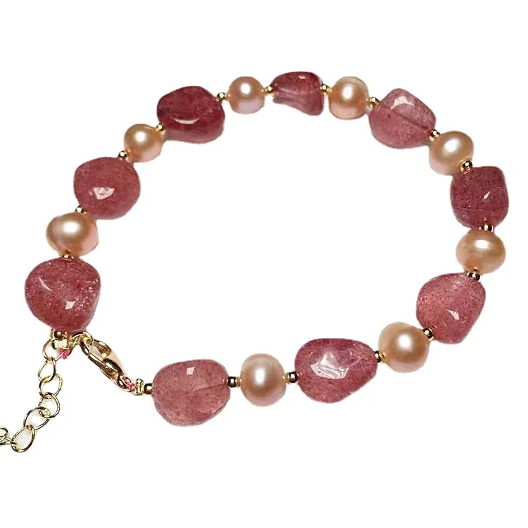 Wholesale Crystal Pigeon Blood Red Strawberry Quartz Bracelet With Freshwater Pearl 14K Color‑Retaining Jewelry Accessories