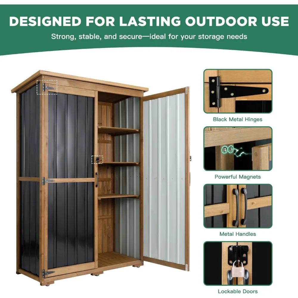 سقيفة تخزين خارجية من الخشب والمعدن مقاومة للعوامل الجوية مع أبواب مزدوجة قابلة للقفل، وأرفف قابلة للإزالة وقابلة للتعديل