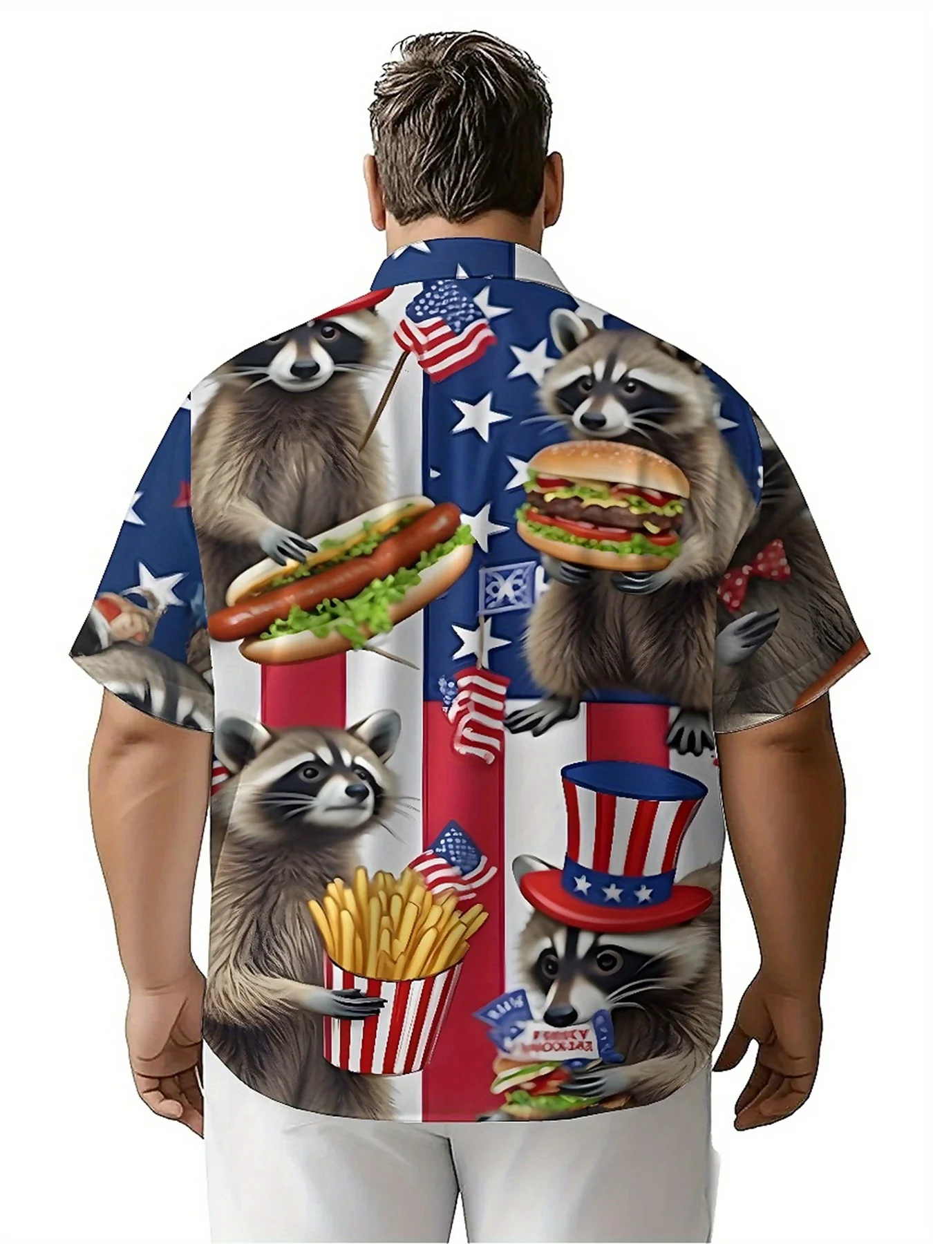 Camisas havaianas plus size masculinas com tema de bandeira americana padrão de festa de guaxinim, camisas com botões, roupas casuais unissex, tops de verão