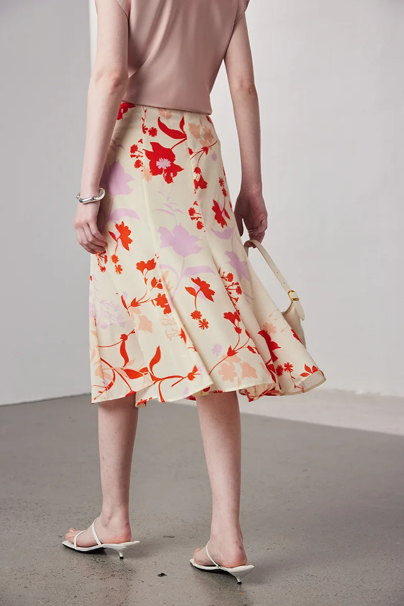 BirdTree-レディース 14 ミリメートル 100% リアルシルクエレガントなスカート、ナチュラルウエスト花柄、レトロパーティートランペットスカート、2025 夏新 B56663CC