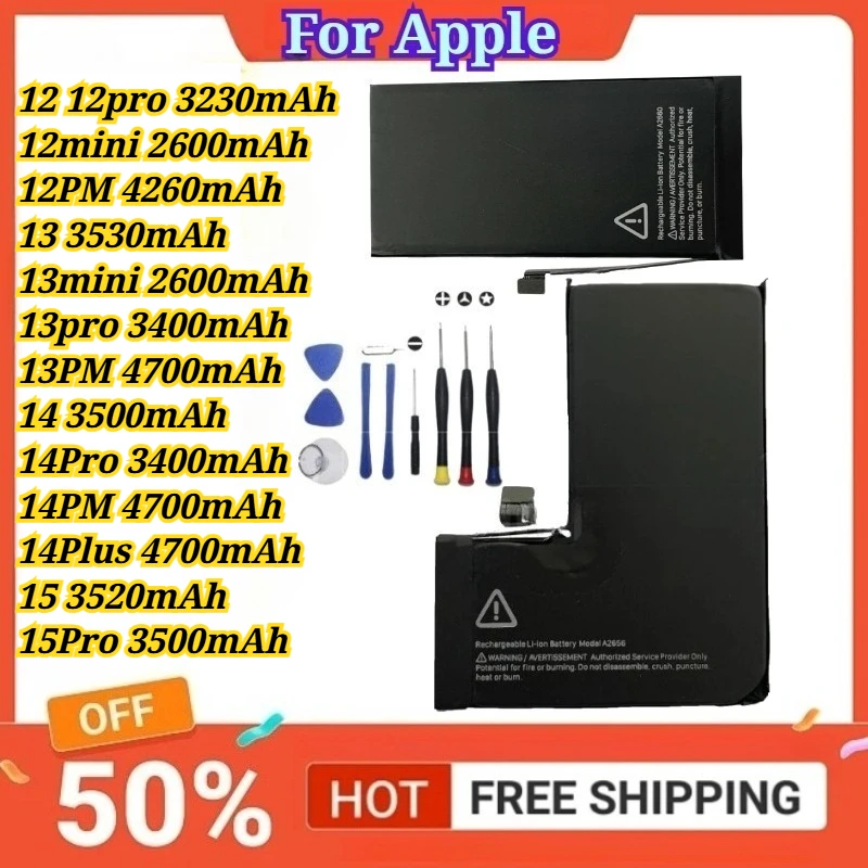 

For IPhone 15 3520mAh/14 3500mAh/13 3530mAh/12 Pro Max 4260mAh/mini Plus Pro Pro Max High Capacity Battery+ Free Tools