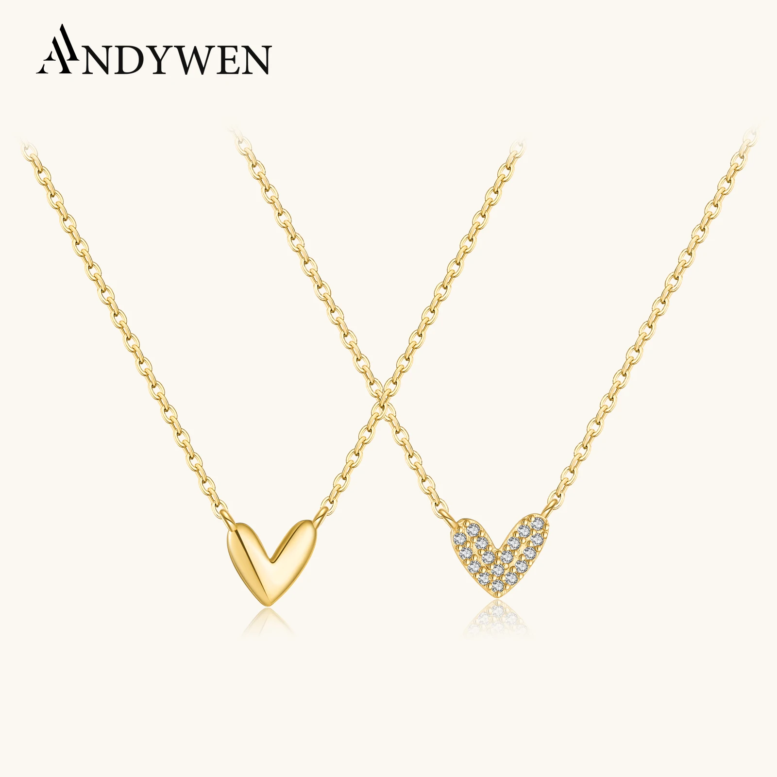 ANDYWEN 925 Sterling Silver 2 Styles Zircon or Plain Heart Shape Pendant Necklace Love Chain Girlfriend Gift Daily Jewelry