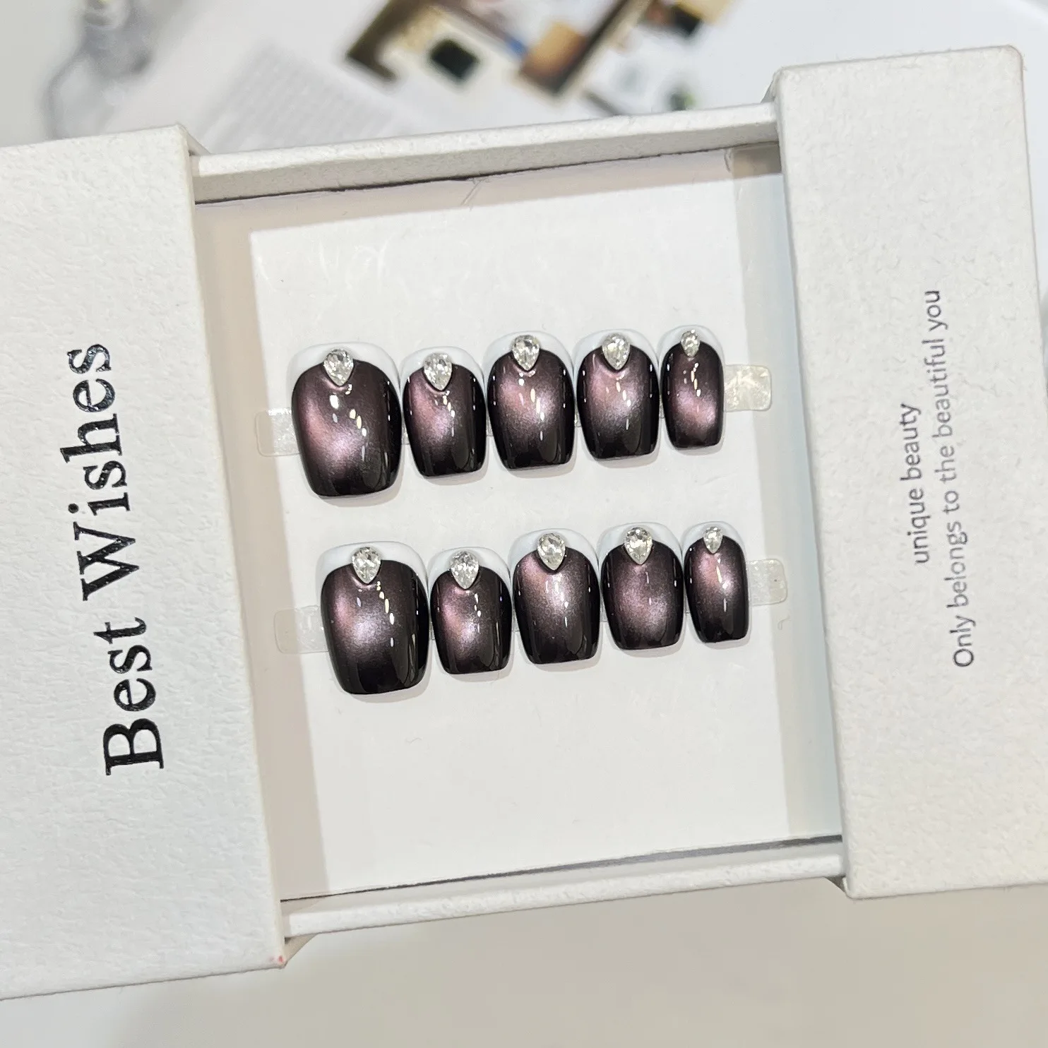 

10 PCS Handmade Press on Nails Glamnetic Cute Wearable Detachable Nail Purple Glass Beads Cat Eye Manicure