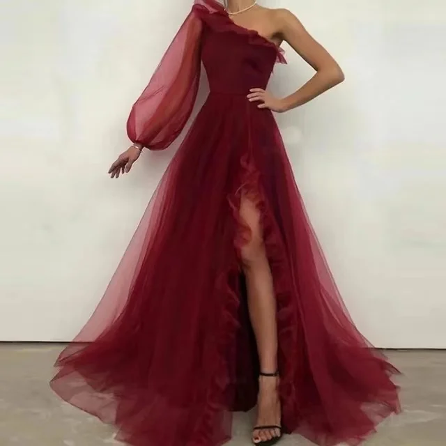 ANGELSBRIDEP-vestido de noche de un hombro para mujer, manga larga, tul de tren de barrido con volantes, abertura, vestidos de fiesta formales de Graduación