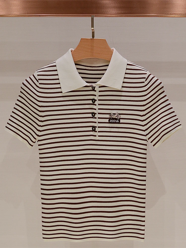 

Летняя полосатая футболка-кроп-топ JOOva Commute Slim Fit, вязаная, для женщин, скрывающая живот, стандартной длины